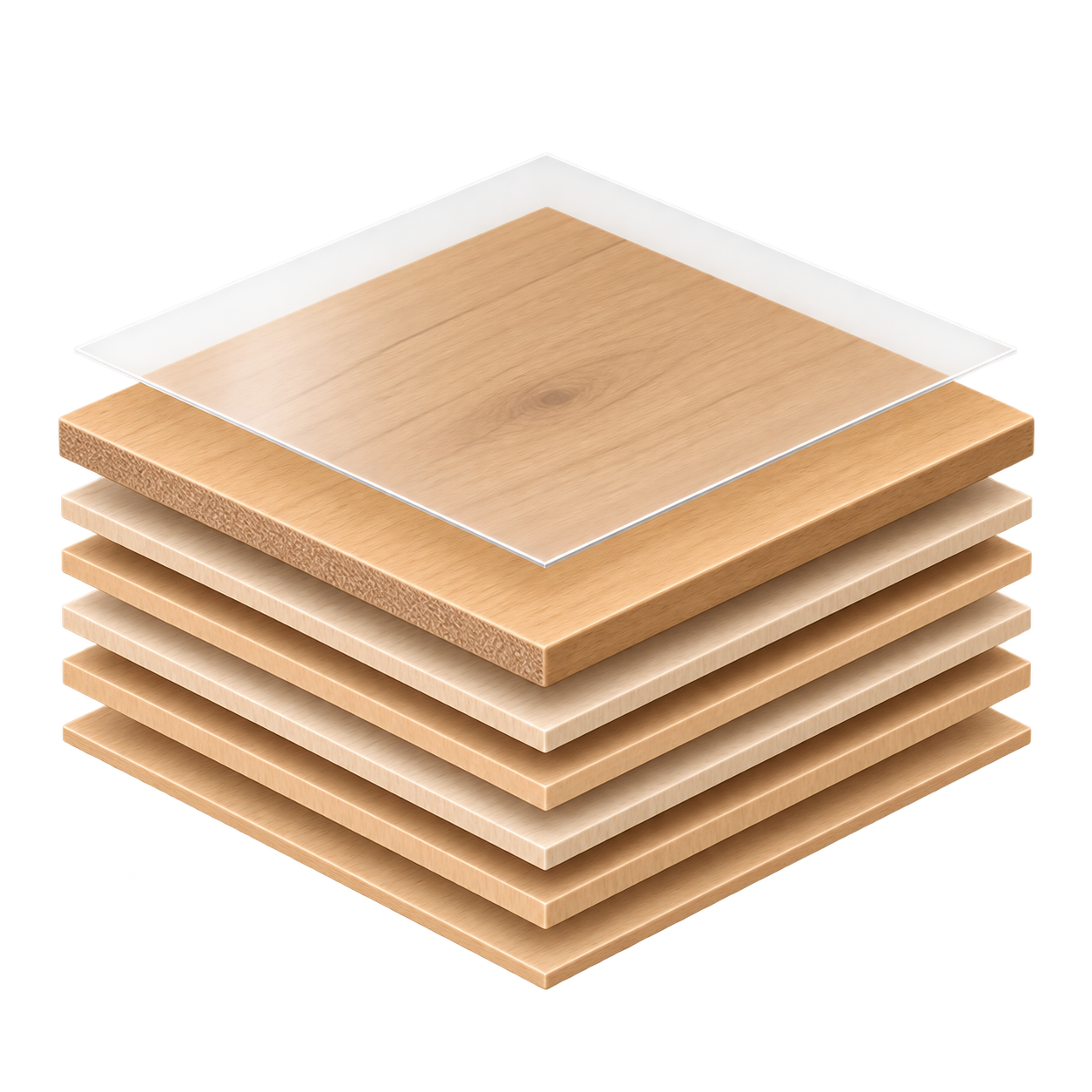 Exploded square engineered hardwood sample showing real oak veneer and plywood layers