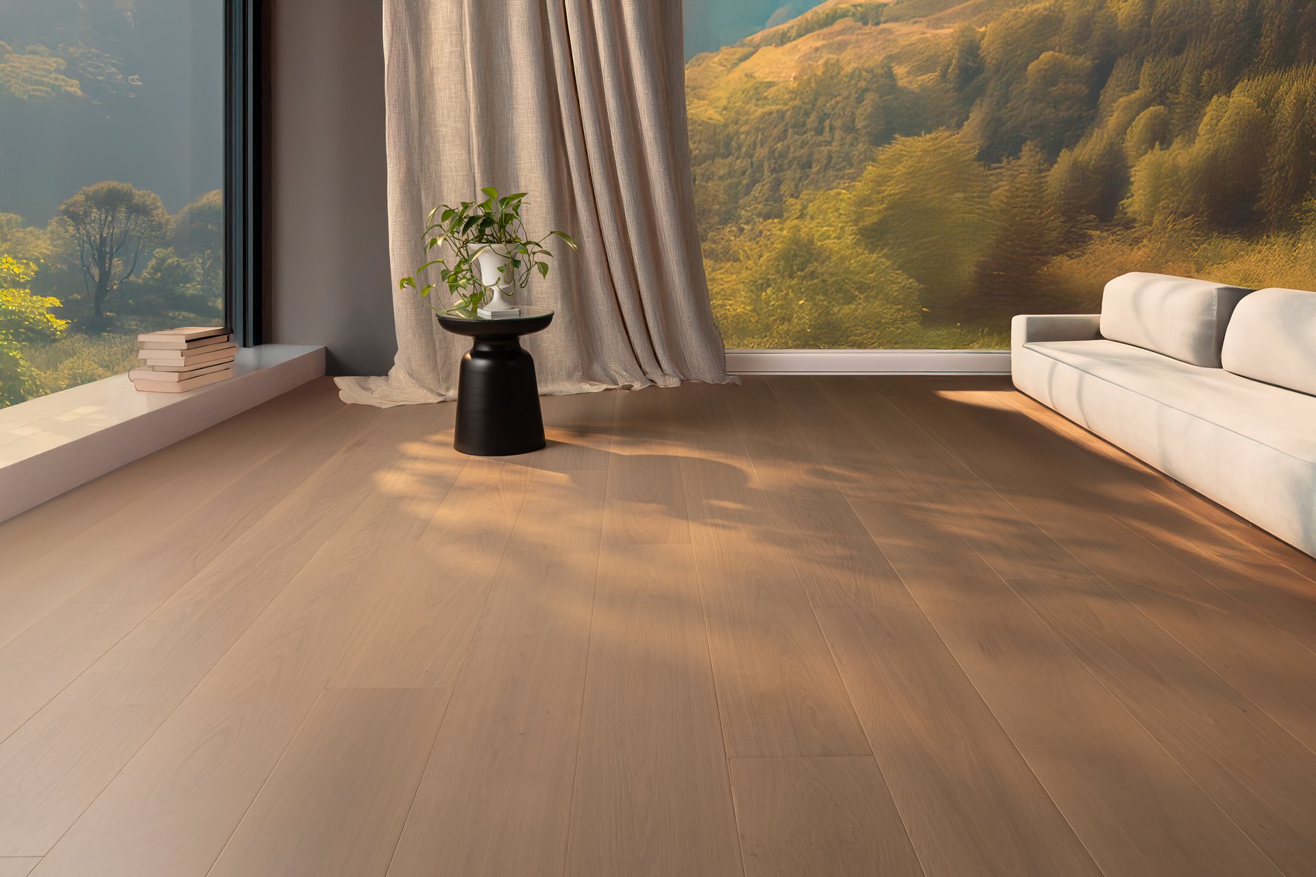 Warm wood flooring and natural light in a considered interior