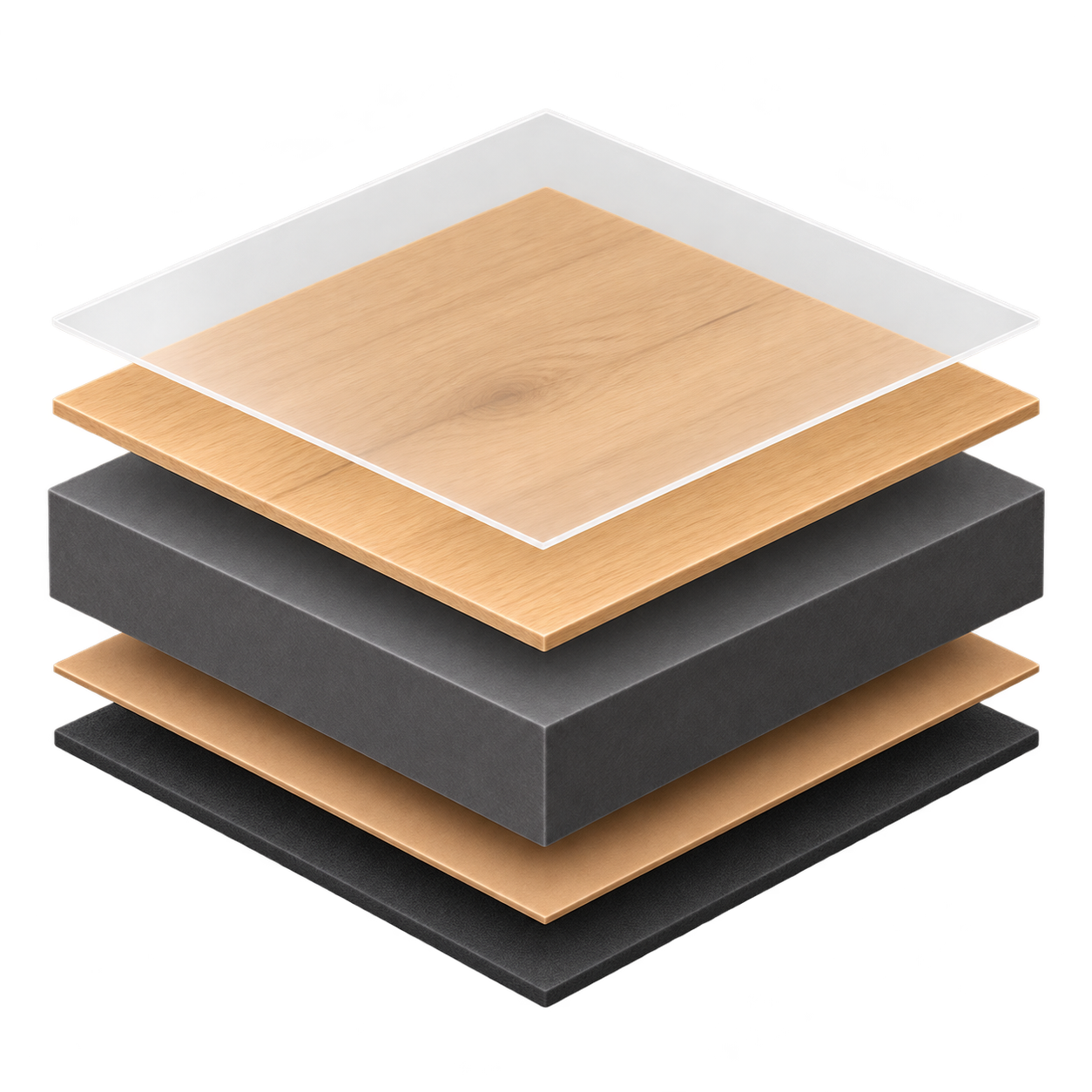 Exploded square laminate sample with dark carbon wood composite core and acoustic pad