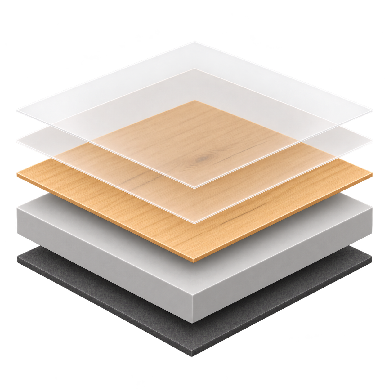 Exploded square SPC sample with pale rigid core and charcoal acoustic pad