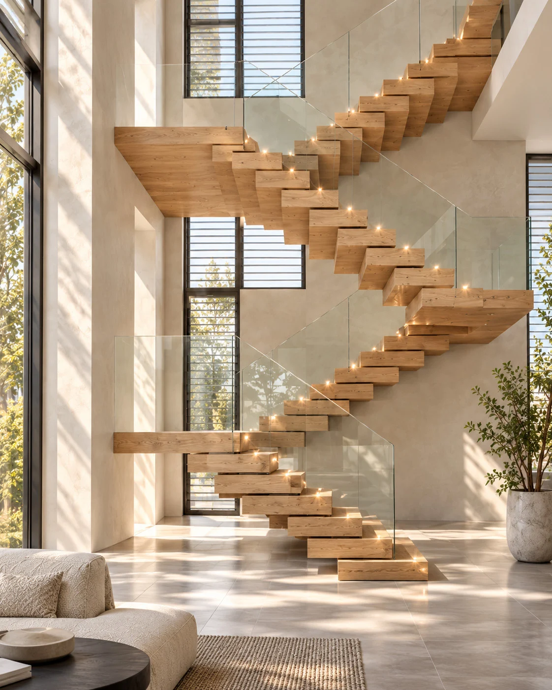 Layered wood staircase with glass balustrades and integrated lighting